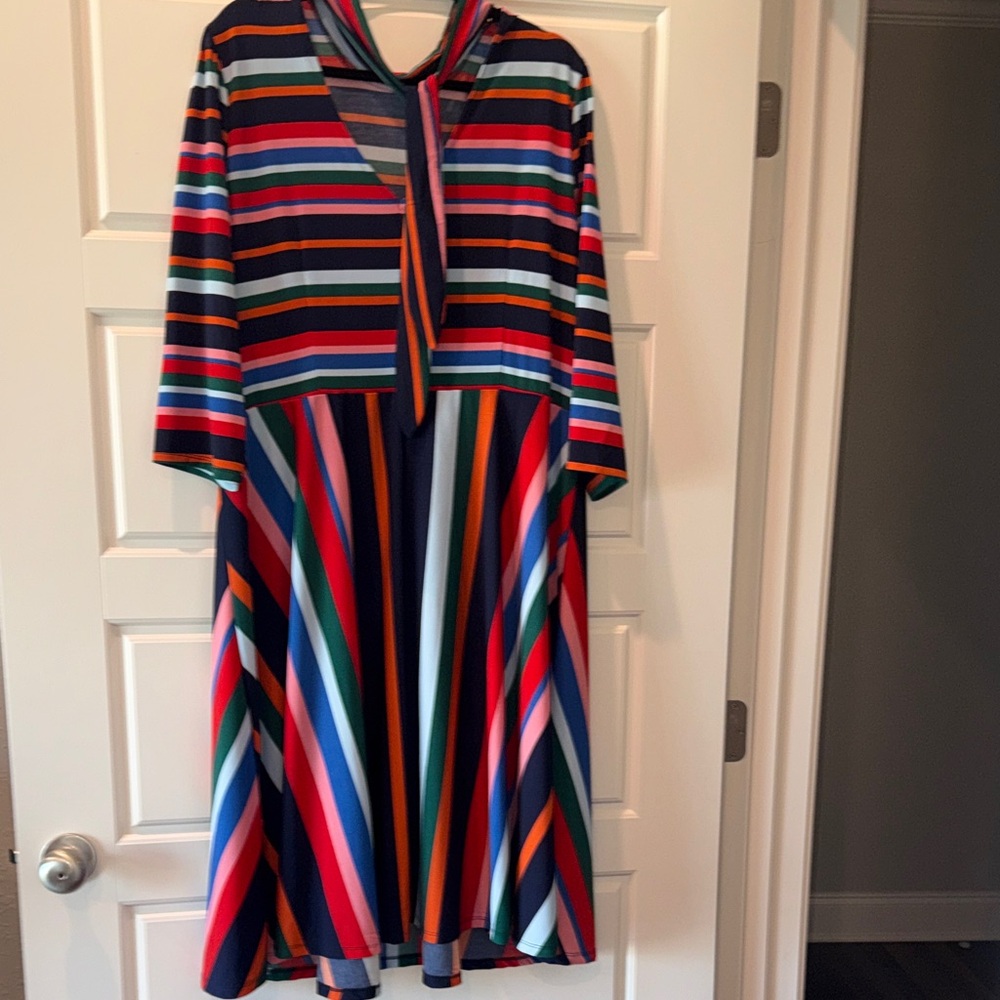 Eloquii Navy Multistripe Tie-Neck Midi Dress